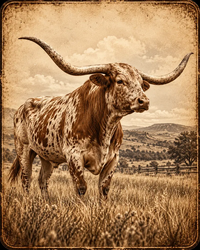 A Texas longhorn standing in prairie grass, in warm vintage sepia
