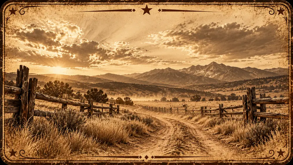 A weathered ranch fence lines a dirt trail beneath western mountains